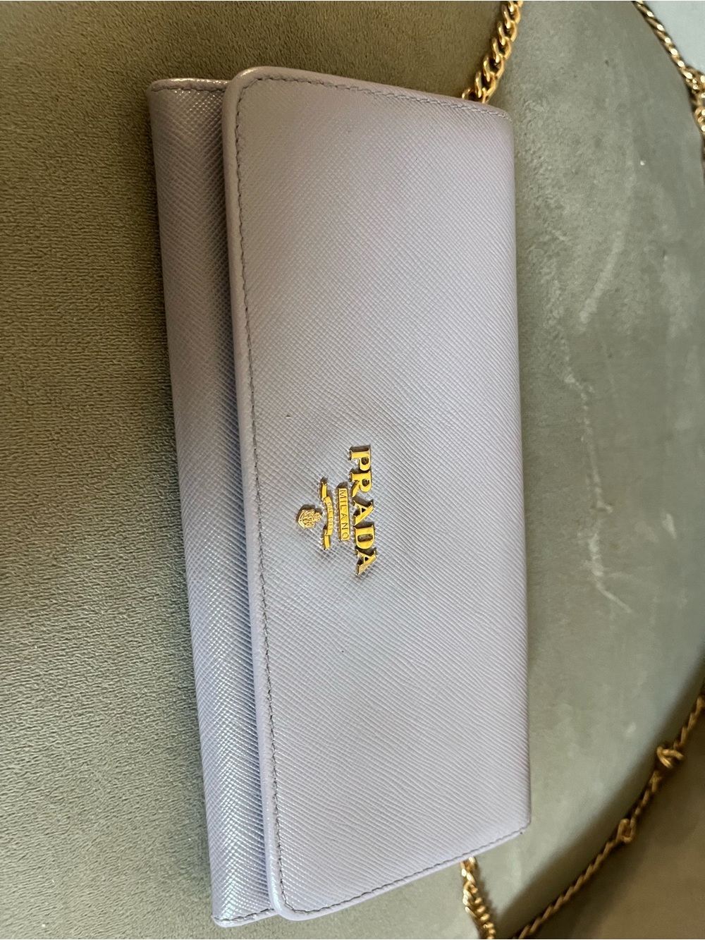 Prada Lilac Saffiano Crossbody Wallet with Gold Chain